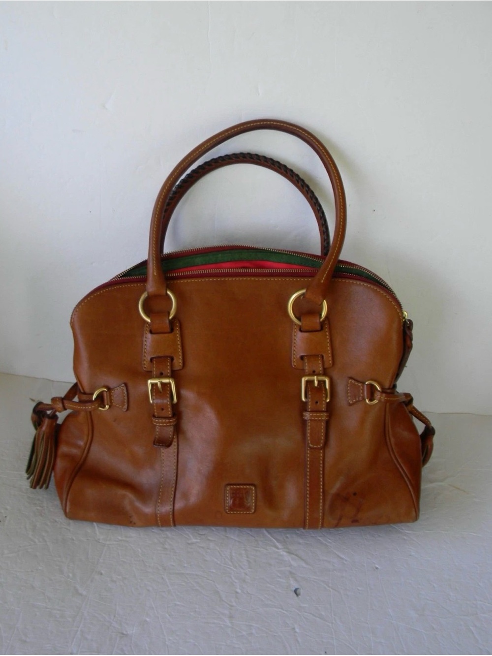 Dooney & Bourke Florentine NATURAL Leather Domed Buckle Satchel Tassels SHOULDER